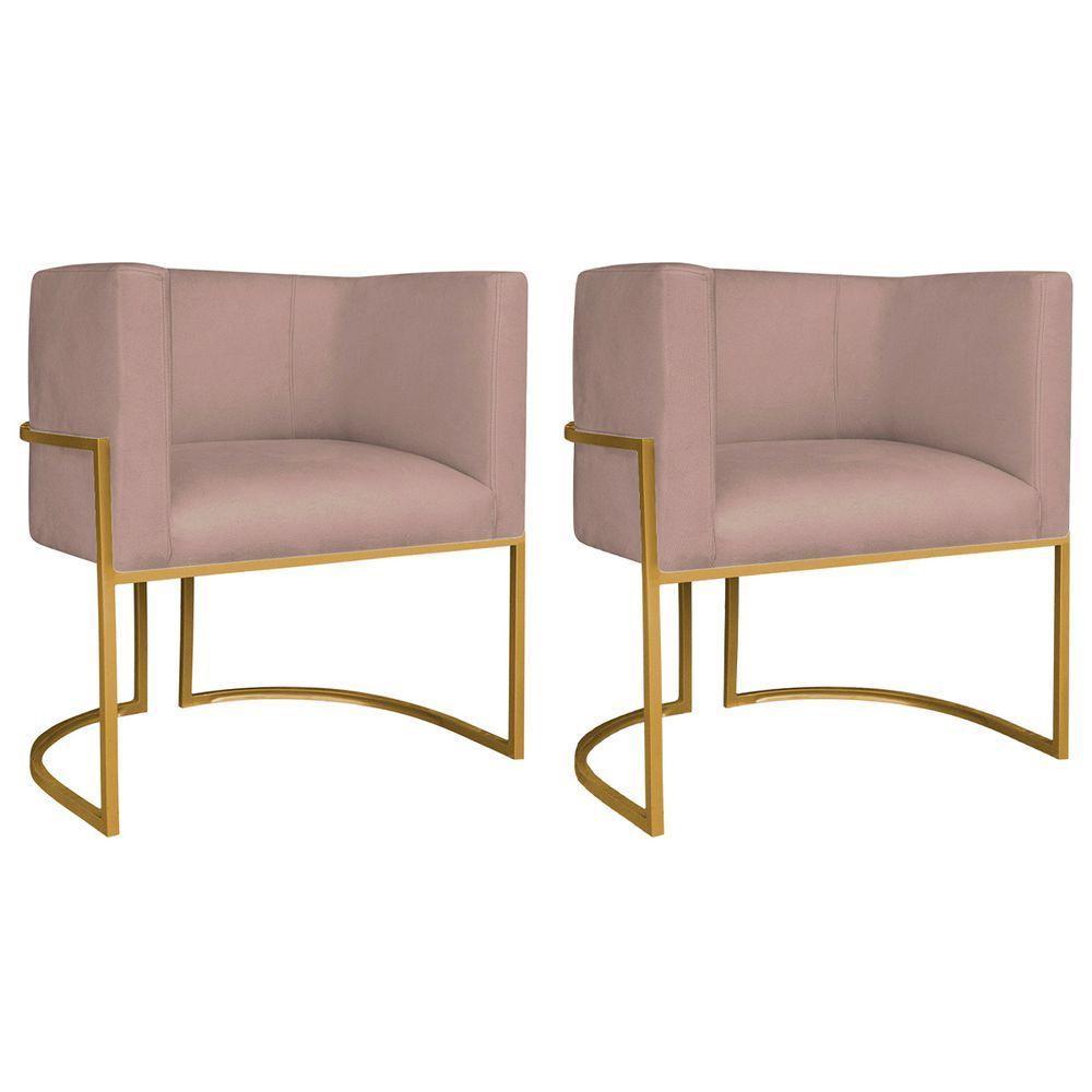 Kit 02 Poltronas Decorativas Luna Base De Ferro Dourado Linho Rosê - 1