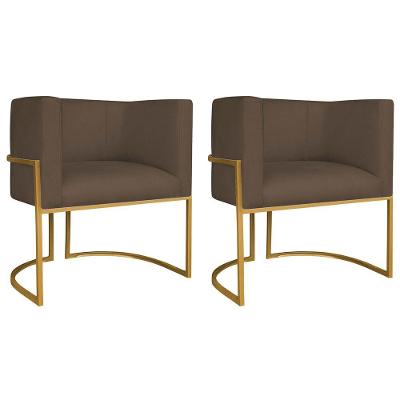 Kit 02 Poltronas Decorativas Luna Base De Ferro Dourado Suede Marrom