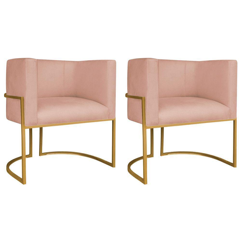 Kit 02 Poltronas Decorativas Luna Base De Ferro Dourado Suede Rosê - 1