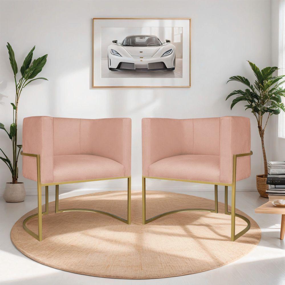 Kit 02 Poltronas Decorativas Luna Base De Ferro Dourado Suede Rosê - 7