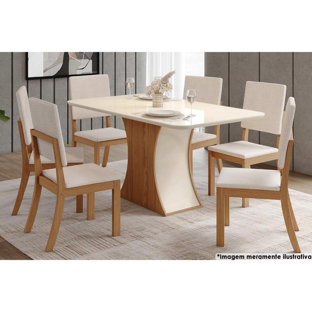 Sala de Jantar Completa Luiza Tampo Curvo Madeirado c/Vidro 160x80cm e 6 Cadeiras Milla Nature/Veludo Light Linho - Henn - 1