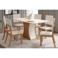 Sala de Jantar Completa Luiza Tampo Curvo Madeirado c/Vidro 160x80cm e 6 Cadeiras Milla Nature/Veludo Light Linho - Henn - 1