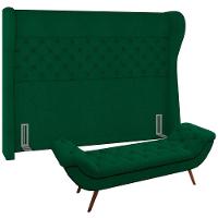 Kit Cabeceira Cama Box Casal 140cm Madrid Com Puff Recamier Santorini Bouclê Verde - 1
