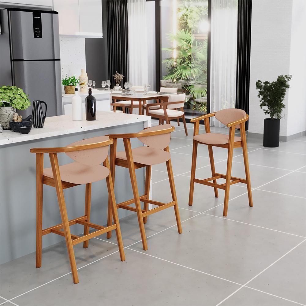 Kit 04 Banquetas Alta Para Cozinha Bancada Bar Sala De Jantar Fixa Cecília L02 Linho Rosê - 6