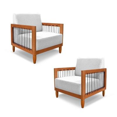 Kit 2 Poltronas Sala De Estar Pés Madeira Maciça Corda Náutica Preta 75cm Manila Linho Cinza Rústico