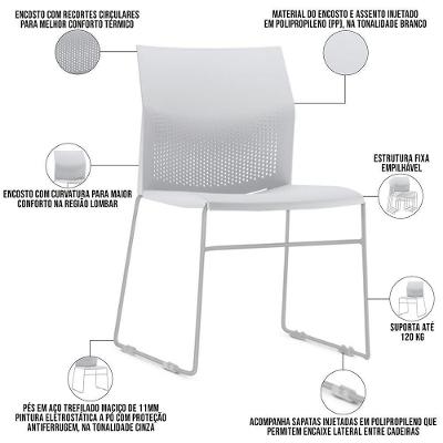 Kit 04 Cadeiras Empilhável Fixa Link F02 Base Aço Cinza Branco - Lyam Decor