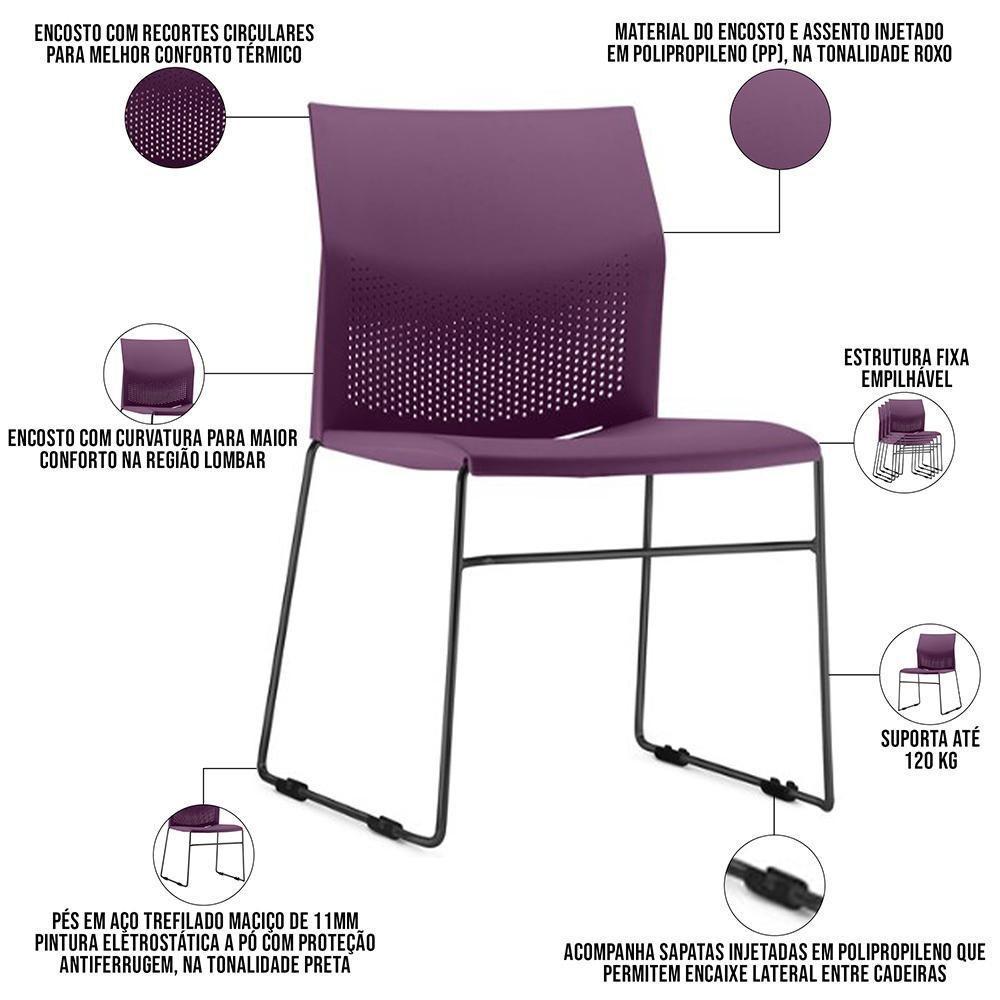 Kit 06 Cadeiras Empilhável Fixa Link F02 Base Aço Preta Roxo - Lyam Decor - 2