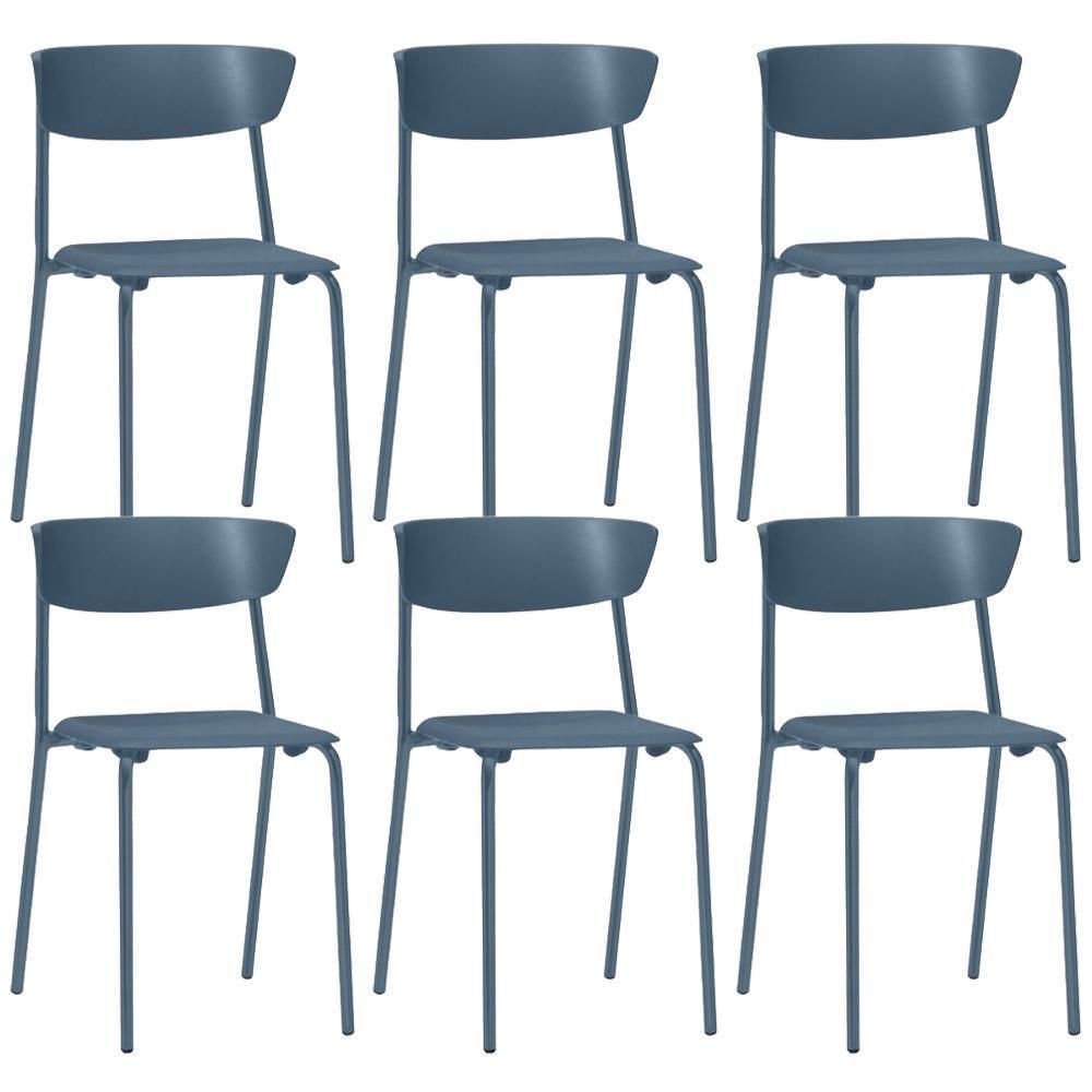 Kit 06 Cadeiras Empilhável Fixa Atom F02 Base Aço Azul - Lyam Decor - 1