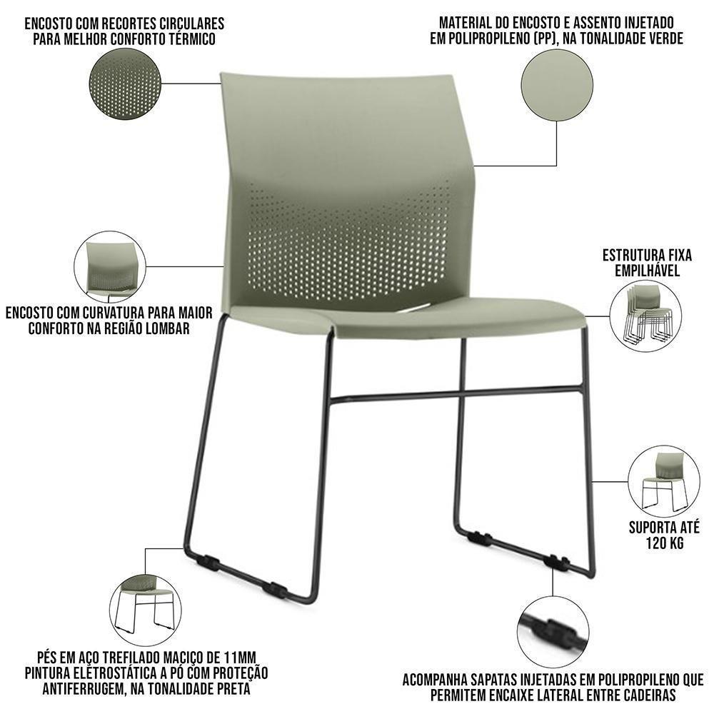 Kit 02 Cadeiras Empilhável Fixa Link F02 Base Aço Preta Verde - Lyam Decor - 3