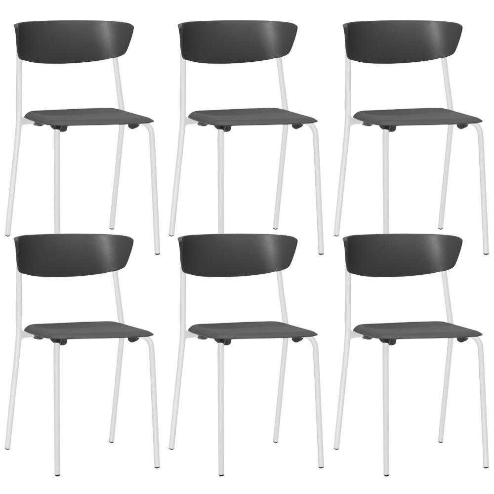 Kit 06 Cadeiras Empilhável Fixa Atom F02 Base Aço Branco Preto - Lyam Decor - 1