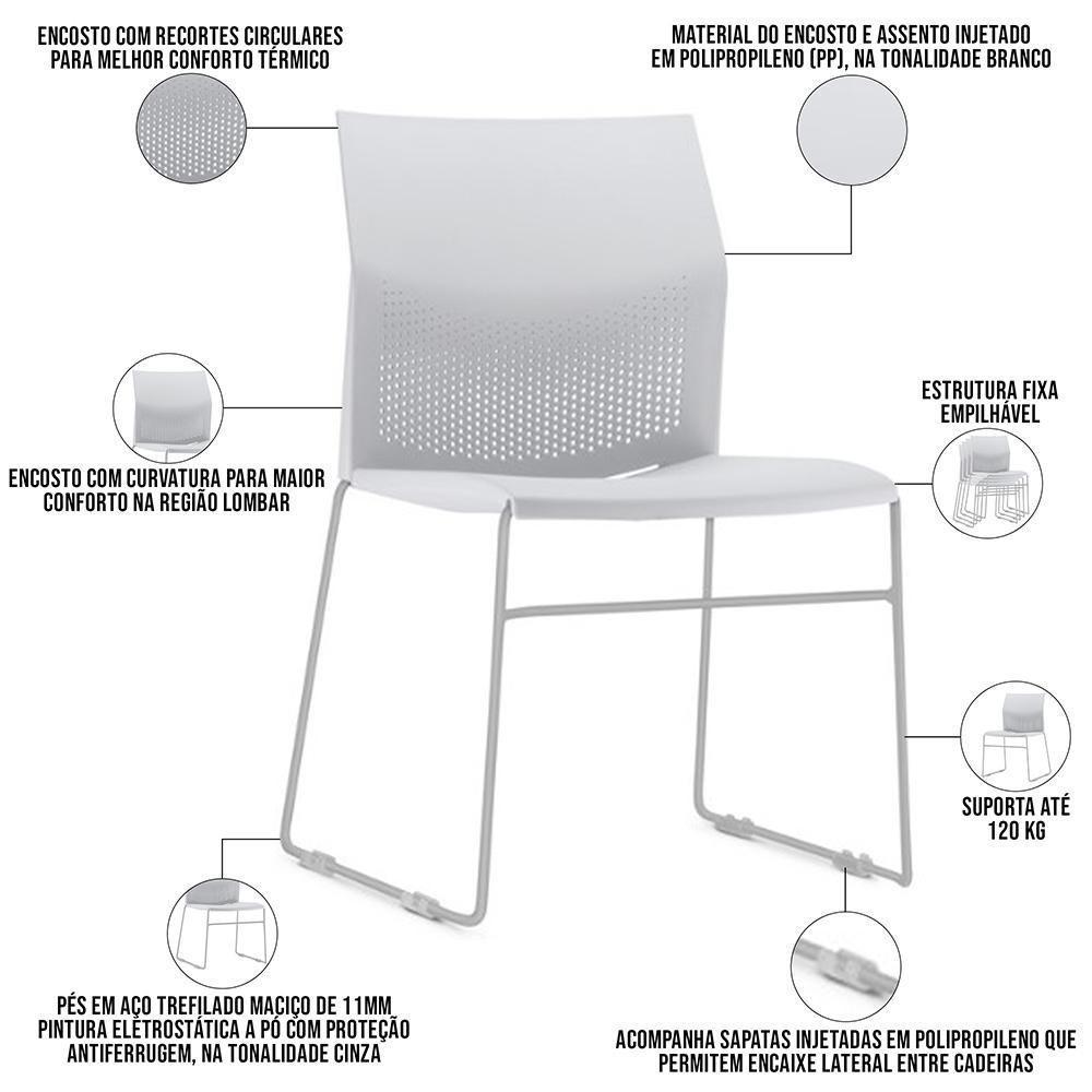 Cadeira Empilhável Fixa Link F02 Base Aço Cinza Branco - Lyam Decor - 3