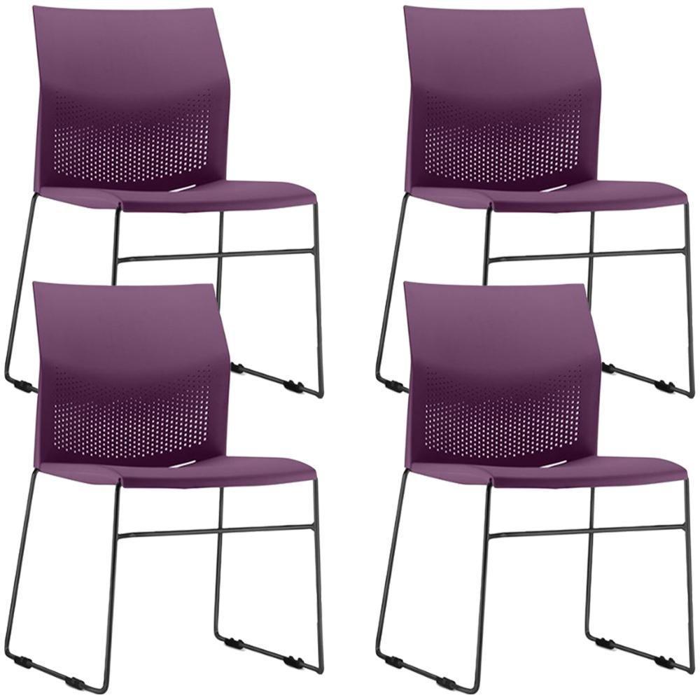 Kit 04 Cadeiras Empilhável Fixa Link F02 Base Aço Preta Roxo - Lyam Decor - 1