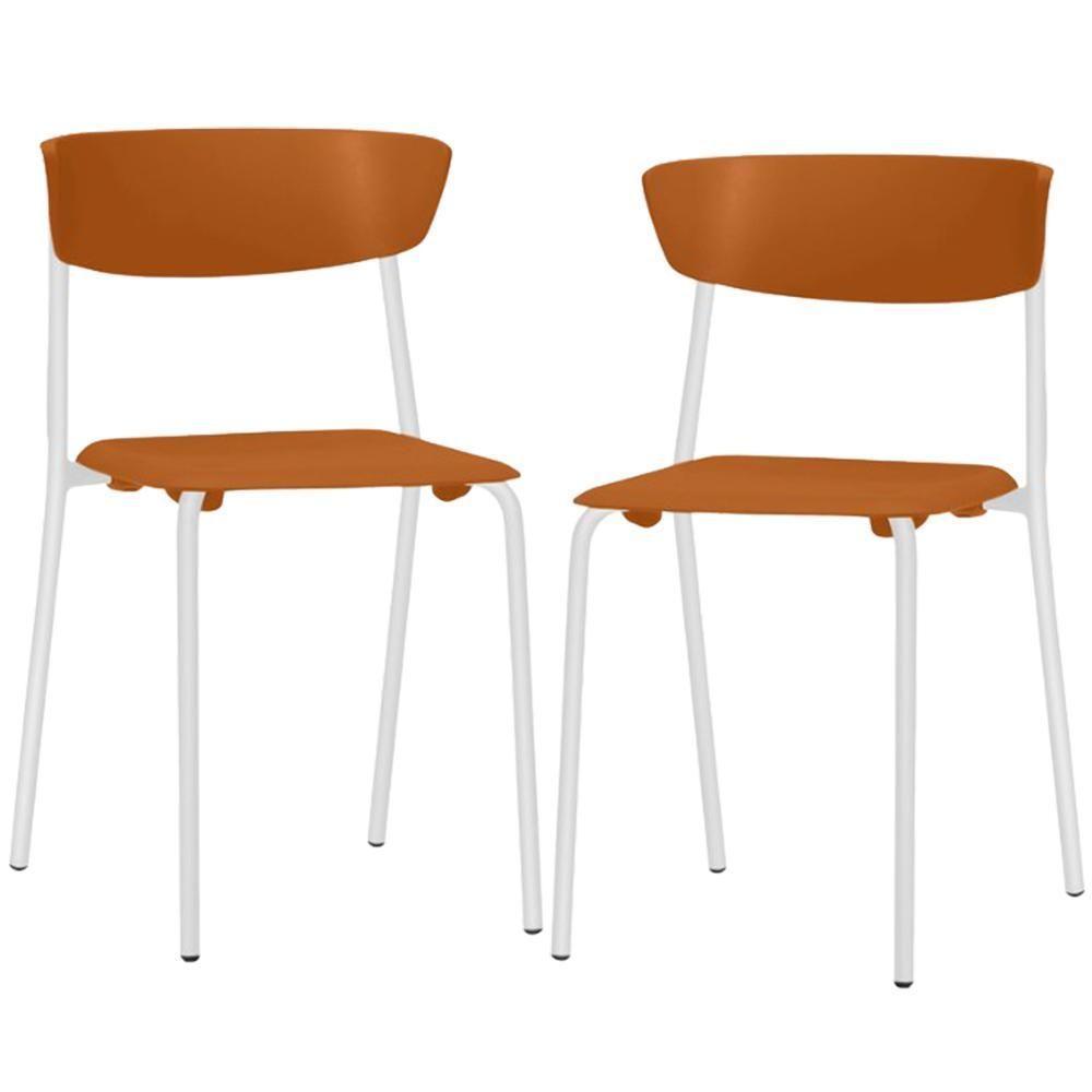 Kit 02 Cadeiras Empilhável Fixa Atom F02 Base Aço Branco Laranja - Lyam Decor - 1