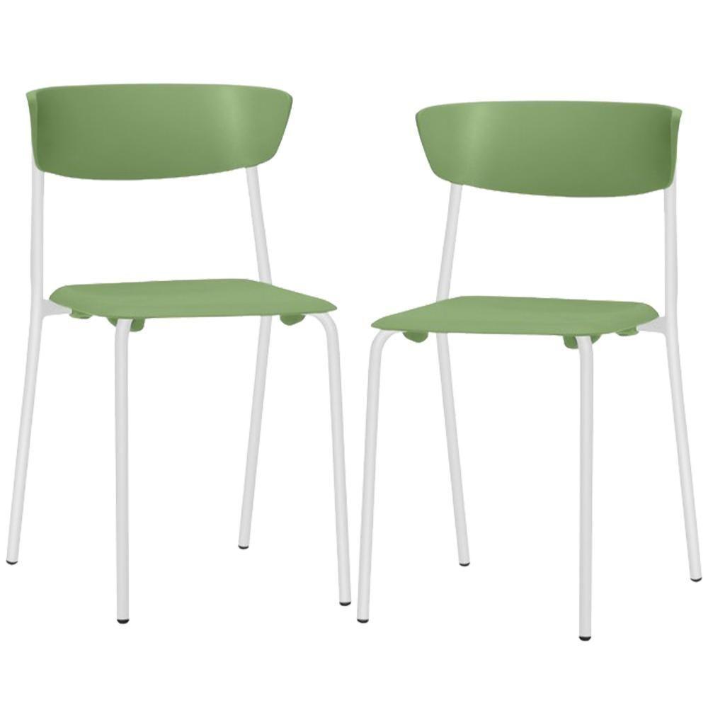Kit 02 Cadeiras Empilhável Fixa Atom F02 Base Aço Branco Verde - Lyam Decor - 1