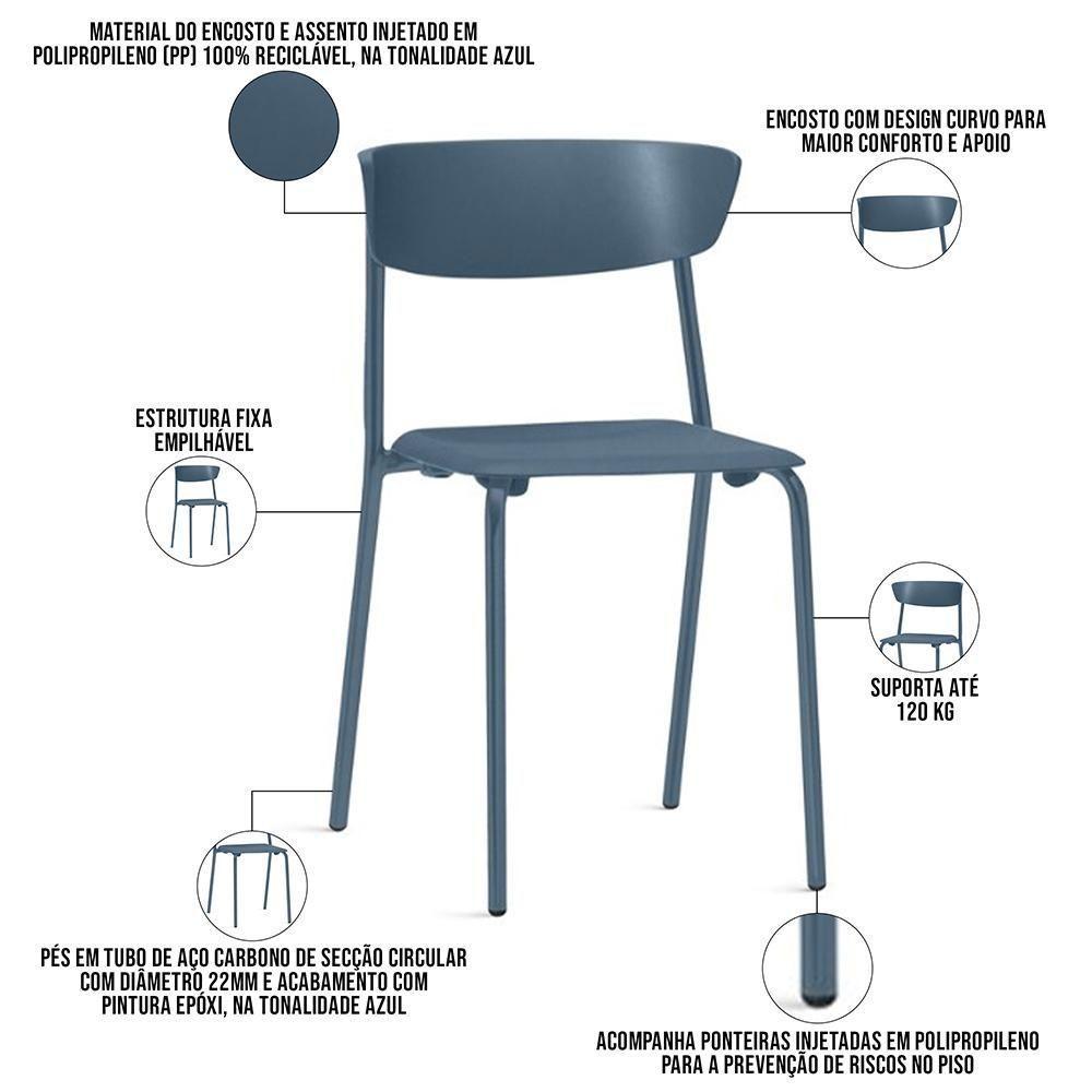 Kit 04 Cadeiras Empilhável Fixa Atom F02 Base Aço Azul - Lyam Decor - 3