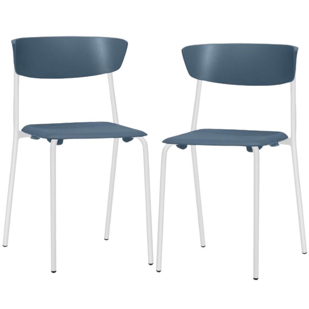 Kit 02 Cadeiras Empilhável Fixa Atom F02 Base Aço Branco Azul - Lyam Decor - 1