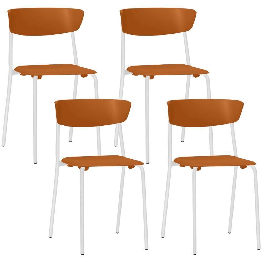 Kit 04 Cadeiras Empilhável Fixa Atom F02 Base Aço Branco Laranja - Lyam Decor - 1