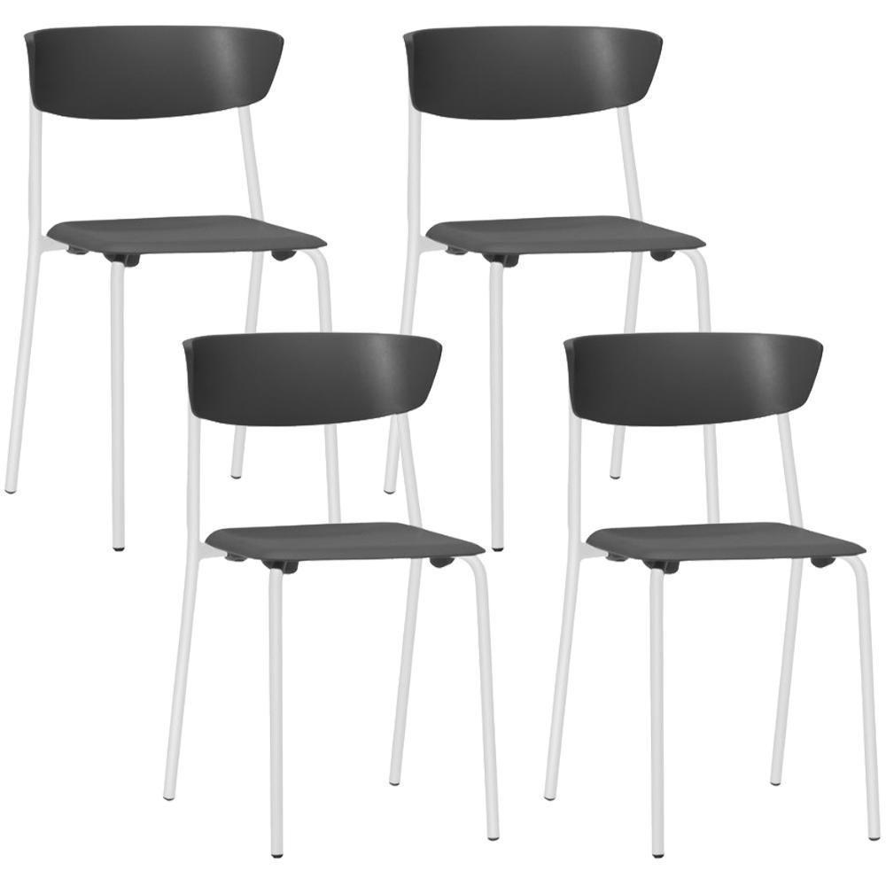 Kit 04 Cadeiras Empilhável Fixa Atom F02 Base Aço Branco Preto - Lyam Decor - 1