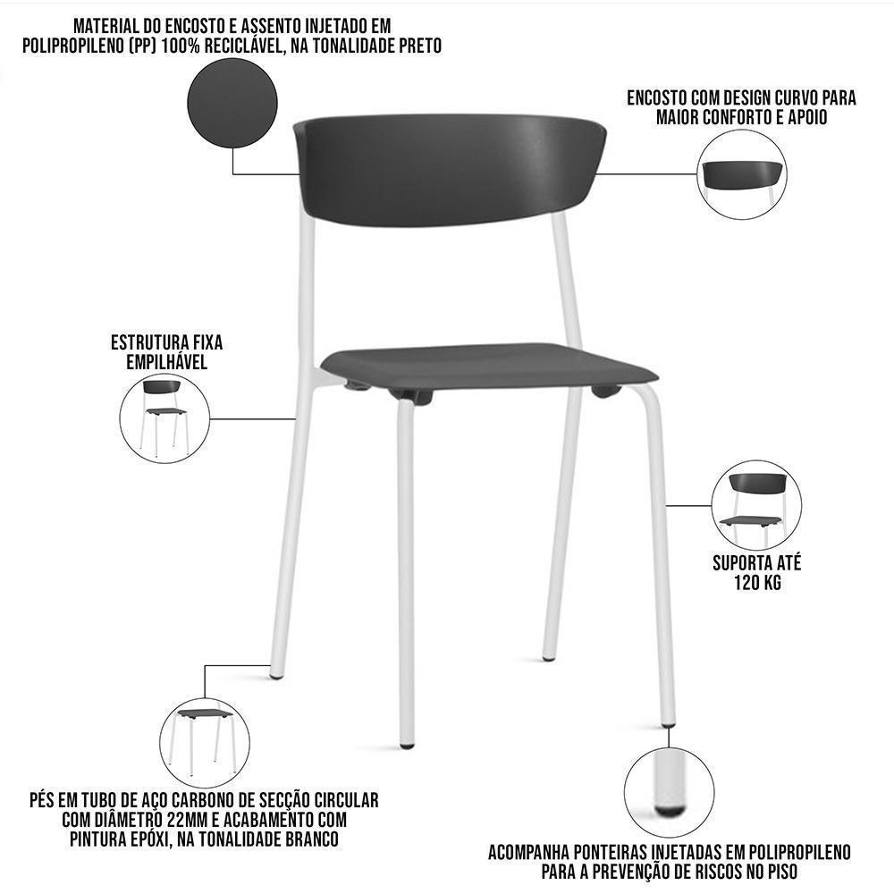 Kit 04 Cadeiras Empilhável Fixa Atom F02 Base Aço Branco Preto - Lyam Decor - 3