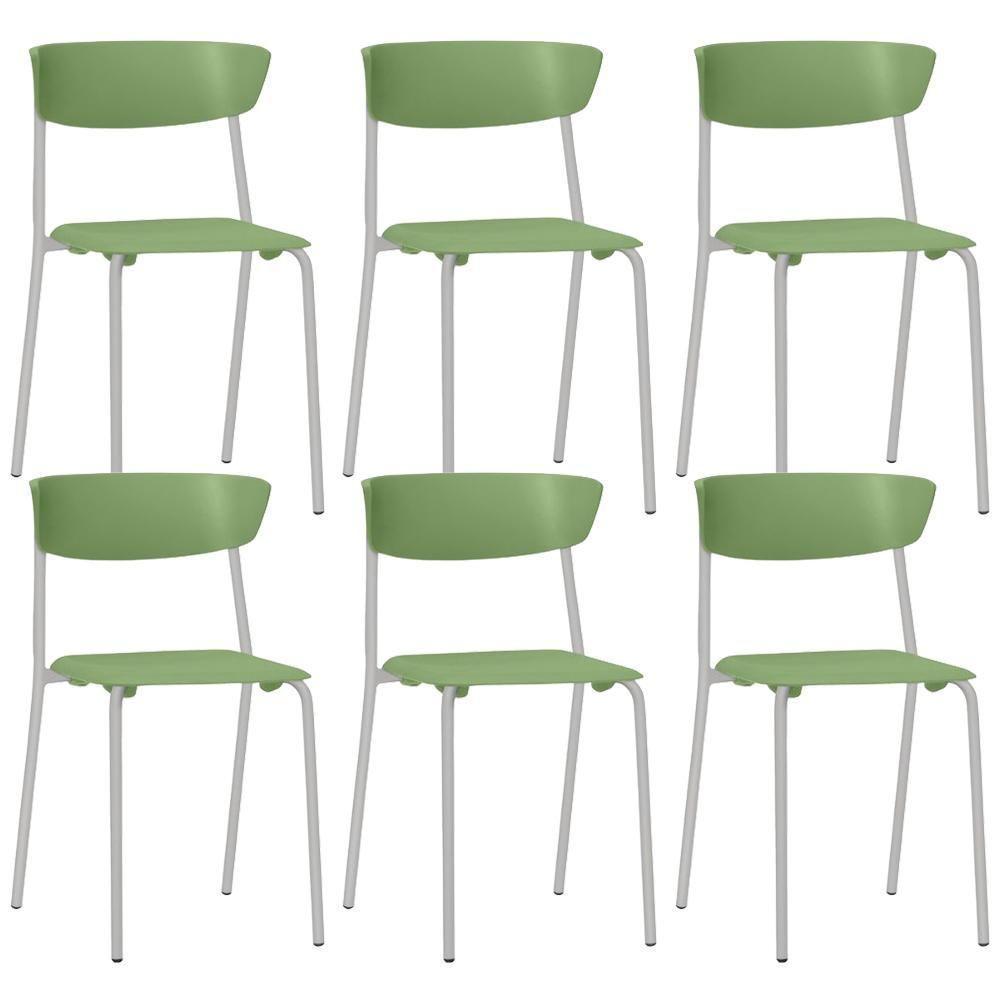 Kit 06 Cadeiras Empilhável Fixa Atom F02 Base Aço Cinza Verde - Lyam Decor - 1