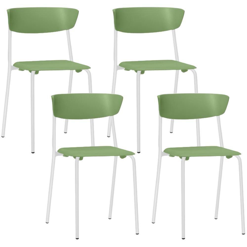 Kit 04 Cadeiras Empilhável Fixa Atom F02 Base Aço Branco Verde - Lyam Decor - 1