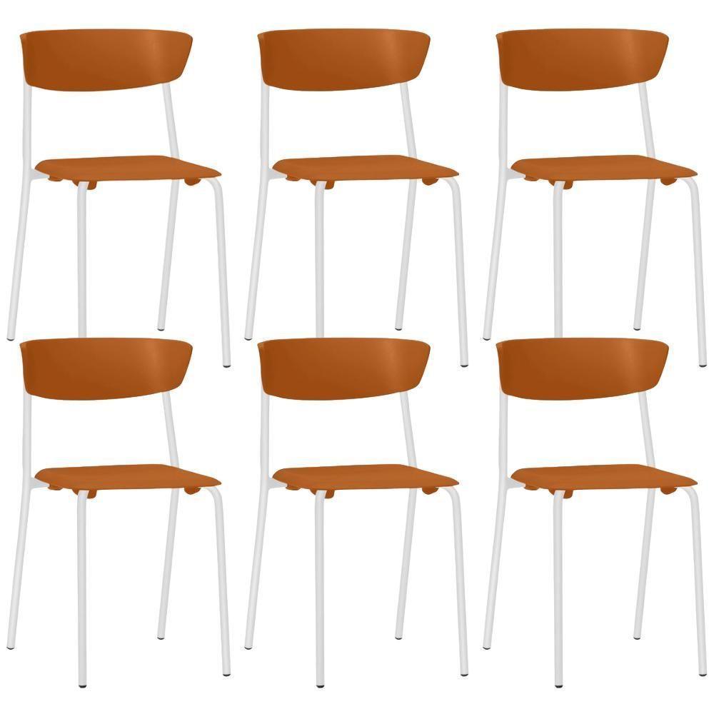 Kit 06 Cadeiras Empilhável Fixa Atom F02 Base Aço Branco Laranja - Lyam Decor - 1
