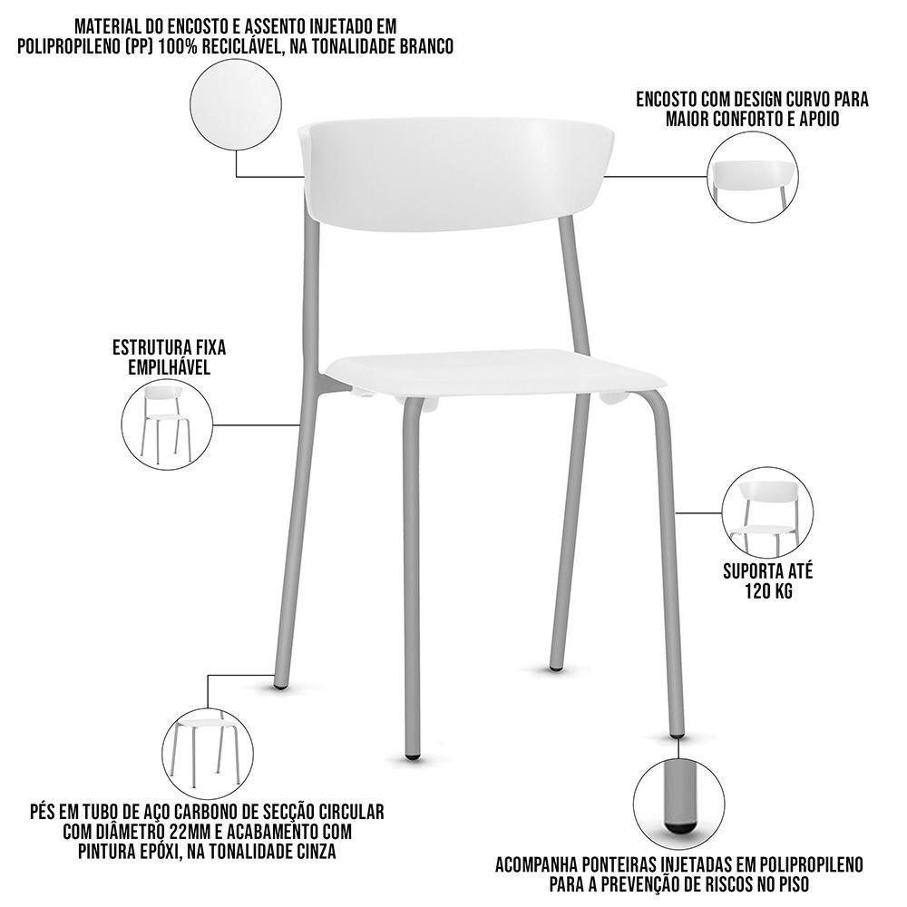Kit 06 Cadeiras Empilhável Fixa Atom F02 Base Aço Cinza Branco - Lyam Decor - 3