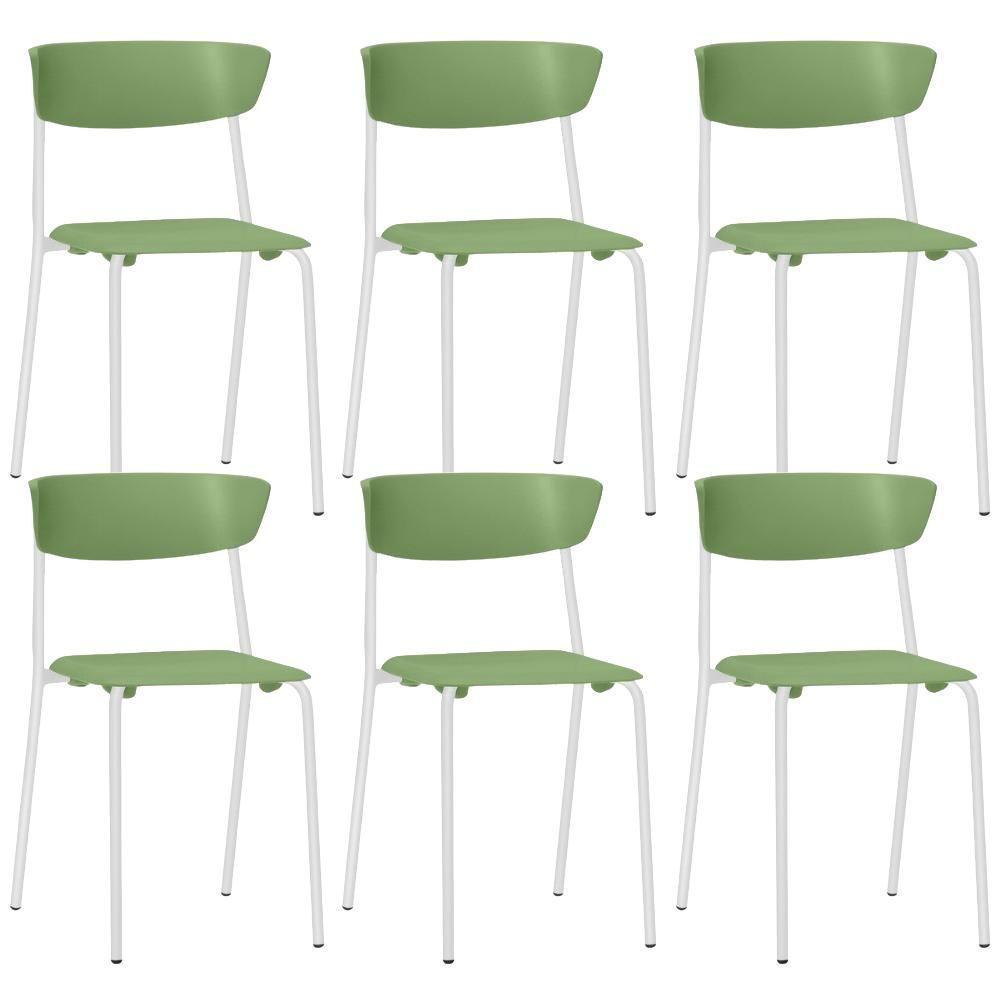 Kit 06 Cadeiras Empilhável Fixa Atom F02 Base Aço Branco Verde - Lyam Decor - 1