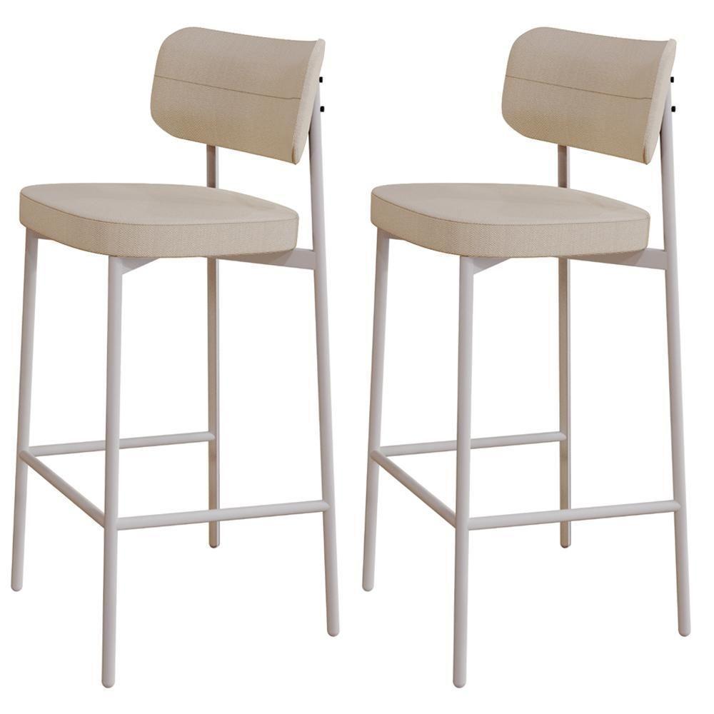 Kit 02 Banquetas Alta Bar Cozinha Sala De Jantar Aço Branco Kaira C01 Linho Areia - Lyam Decor - 1