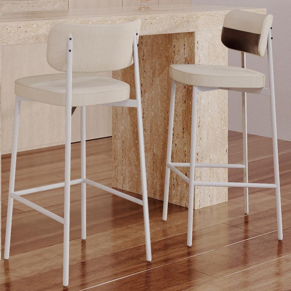 Kit 02 Banquetas Alta Bar Cozinha Sala De Jantar Aço Branco Kaira C01 Linho Areia Courino Café - Lyam Decor - 6
