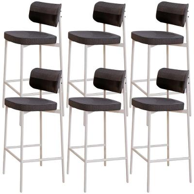 Kit 6 Banquetas Kaira C01 Assento Linho Preto Courino Base Aço com Encosto para Cozinha