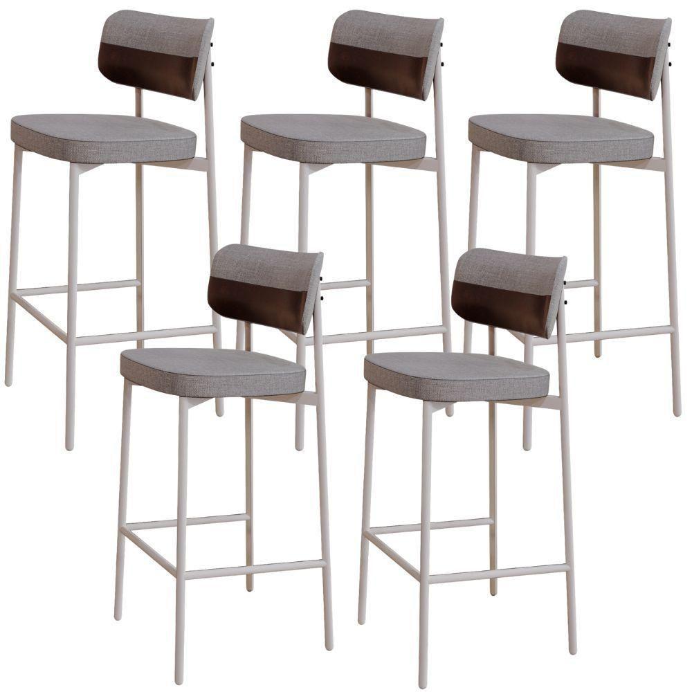 Kit 05 Banquetas Alta Bar Cozinha Sala De Jantar Aço Branco Kaira C01 Linho Cinza Courino Café - Lyam Decor - 1