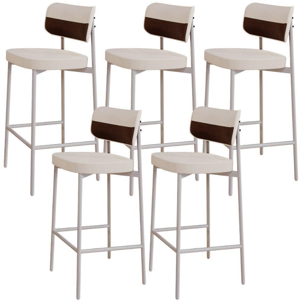 Kit 05 Banquetas Alta Bar Cozinha Sala De Jantar Aço Branco Kaira C01 Linho Palha Courino Whisky - Lyam Decor - 1