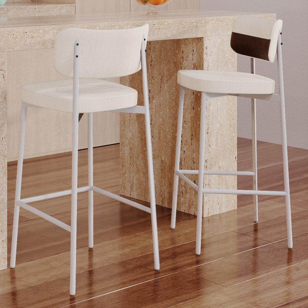 Kit 05 Banquetas Alta Bar Cozinha Sala De Jantar Aço Branco Kaira C01 Linho Palha Courino Whisky - Lyam Decor - 6