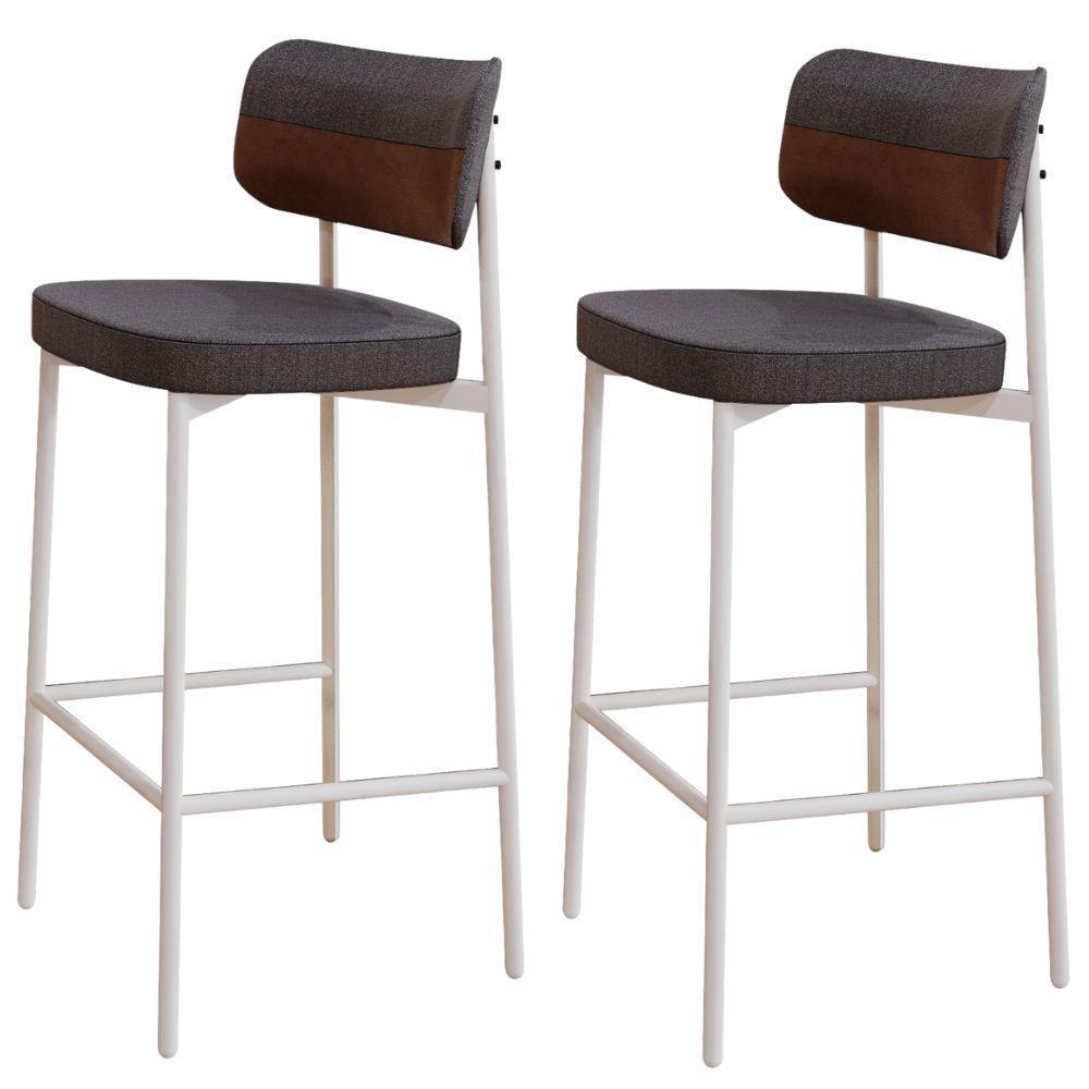 Kit 02 Banquetas Alta Bar Cozinha Sala De Jantar Aço Branco Kaira C01 Linho Preto Courino Whisky - Lyam Decor - 1