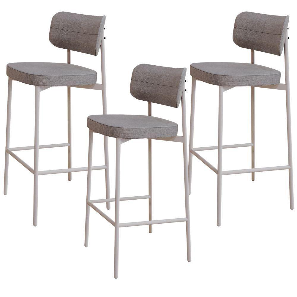 Kit 03 Banquetas Alta Bar Cozinha Sala De Jantar Aço Branco Kaira C01 Linho Cinza - Lyam Decor - 1