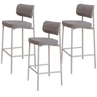 Kit 03 Banquetas Alta Bar Cozinha Sala De Jantar Aço Branco Kaira C01 Linho Cinza - Lyam Decor - 1