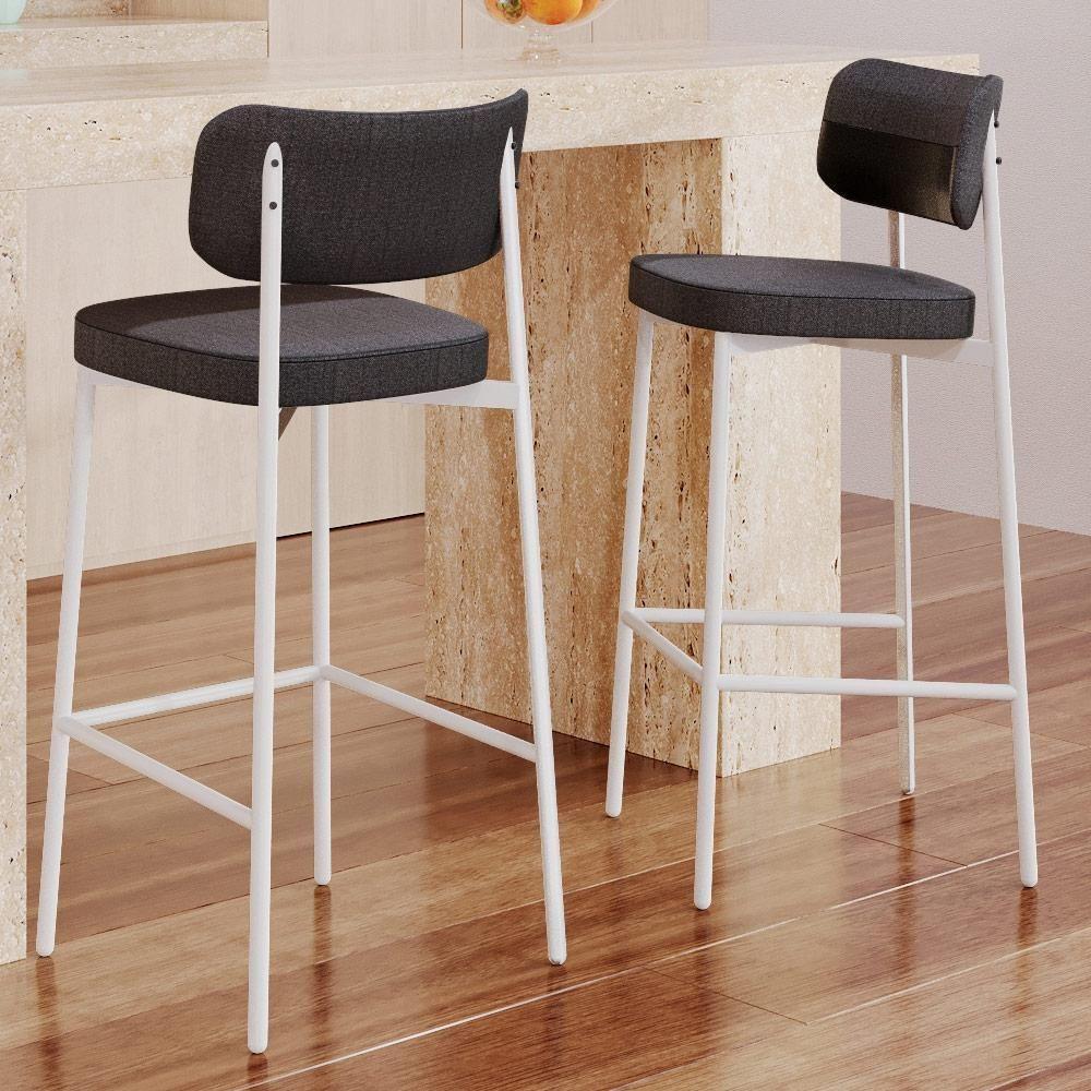 Kit 02 Banquetas Alta Bar Cozinha Sala De Jantar Aço Branco Kaira C01 Linho Preto Courino Preto - Lyam Decor - 2