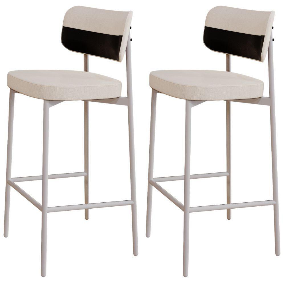Kit 02 Banquetas Alta Bar Cozinha Sala De Jantar Aço Branco Kaira C01 Linho Palha Courino Preto - Lyam Decor - 1