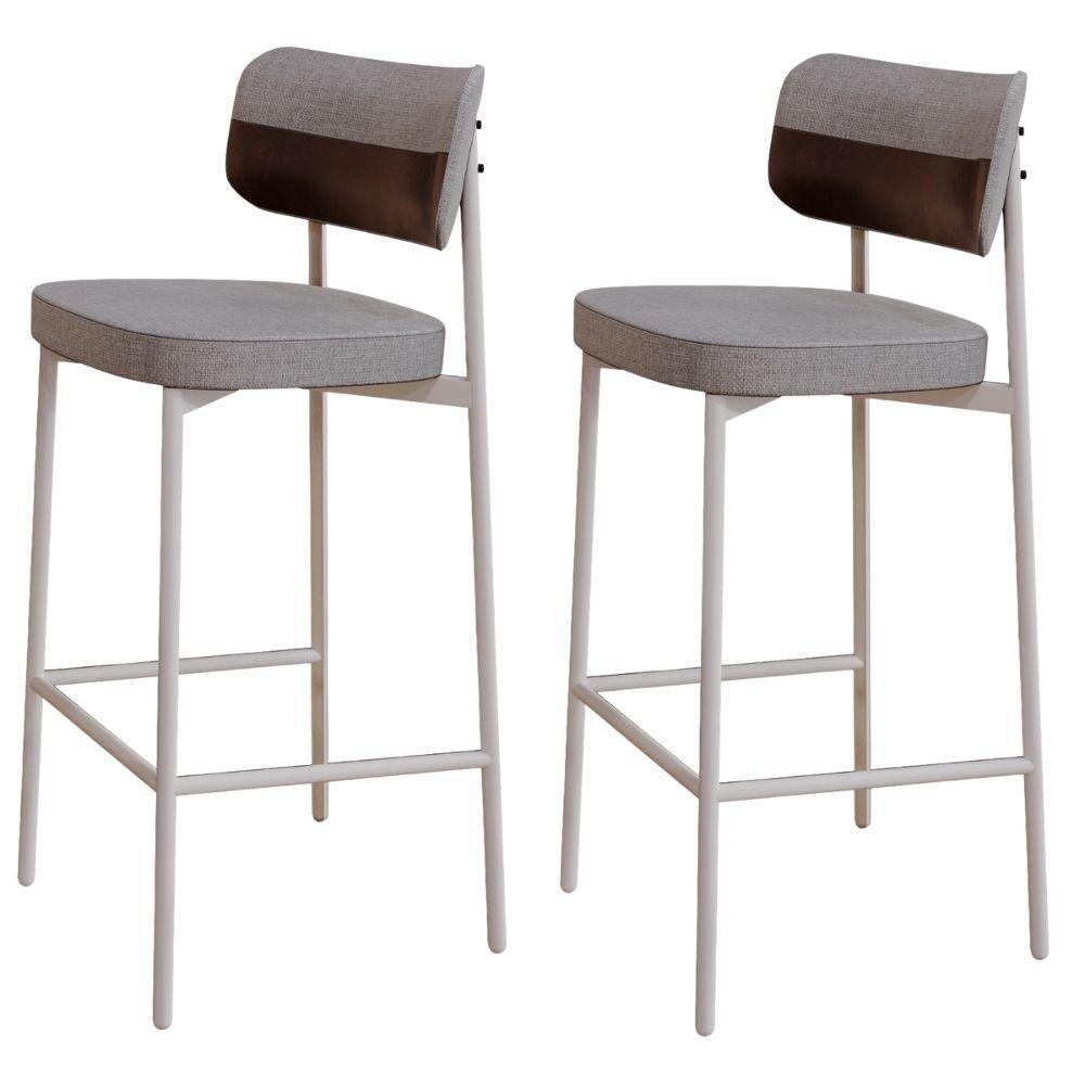 Kit 02 Banquetas Alta Bar Cozinha Sala De Jantar Aço Branco Kaira C01 Linho Cinza Courino Café - Lyam Decor - 1