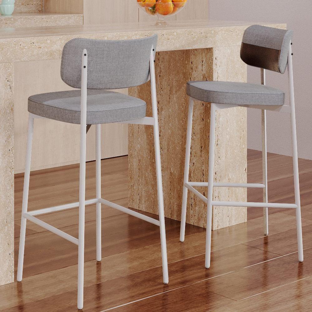 Kit 02 Banquetas Alta Bar Cozinha Sala De Jantar Aço Branco Kaira C01 Linho Cinza Courino Café - Lyam Decor - 6