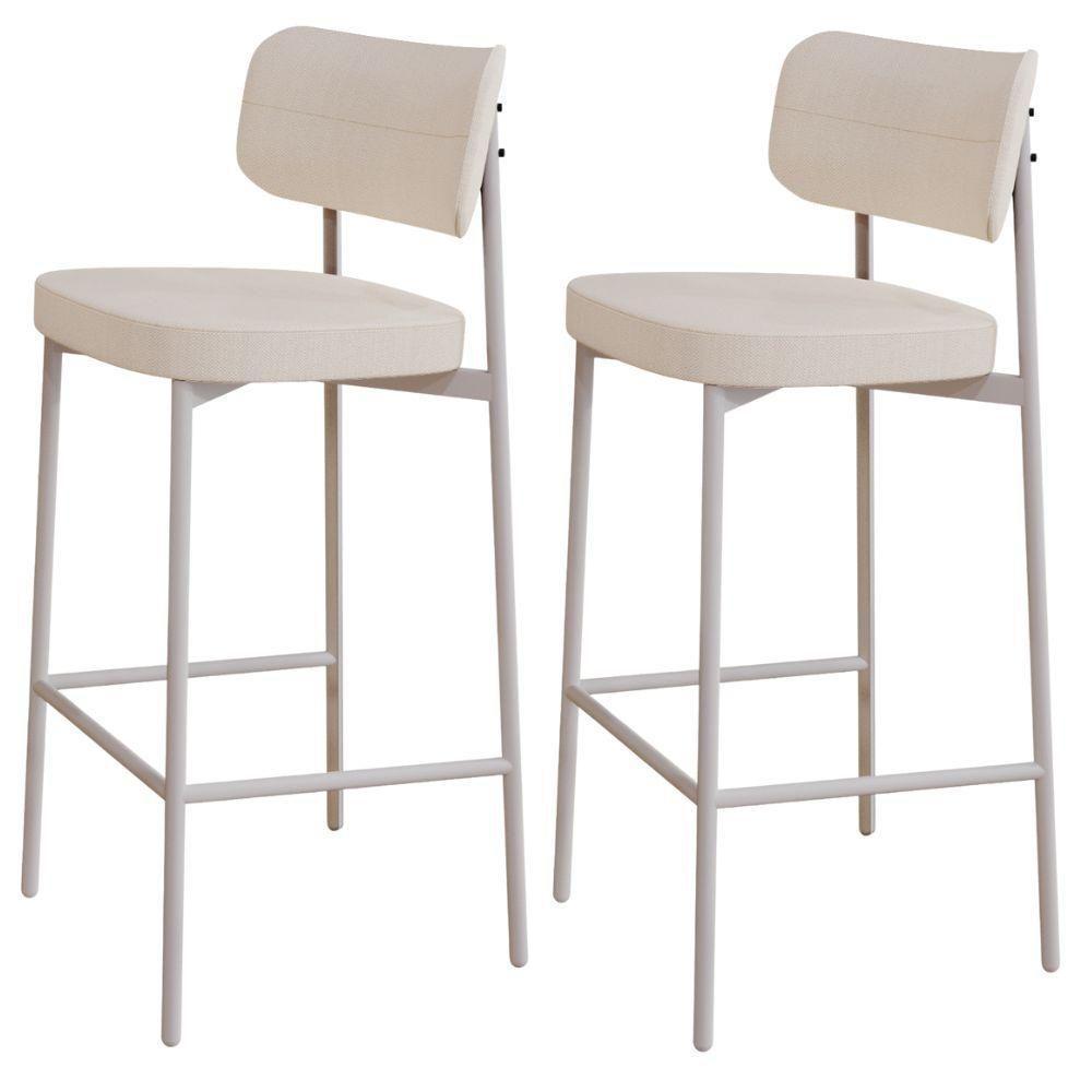 Kit 02 Banquetas Alta Bar Cozinha Sala De Jantar Aço Branco Kaira C01 Linho Palha - Lyam Decor - 1