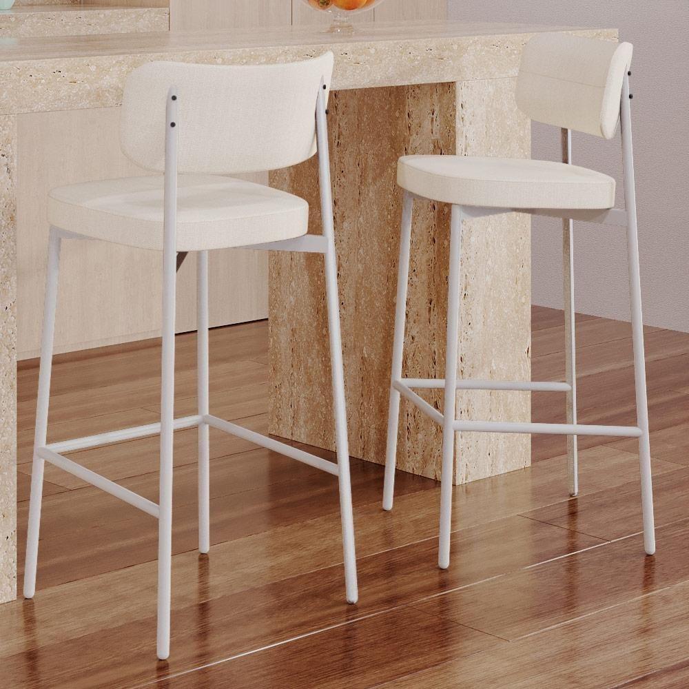 Kit 02 Banquetas Alta Bar Cozinha Sala De Jantar Aço Branco Kaira C01 Linho Palha - Lyam Decor - 6