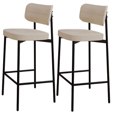 Kit 02 Banquetas Alta Bar Kaira C01 Assento em Linho Base em Aço com Encosto Bege