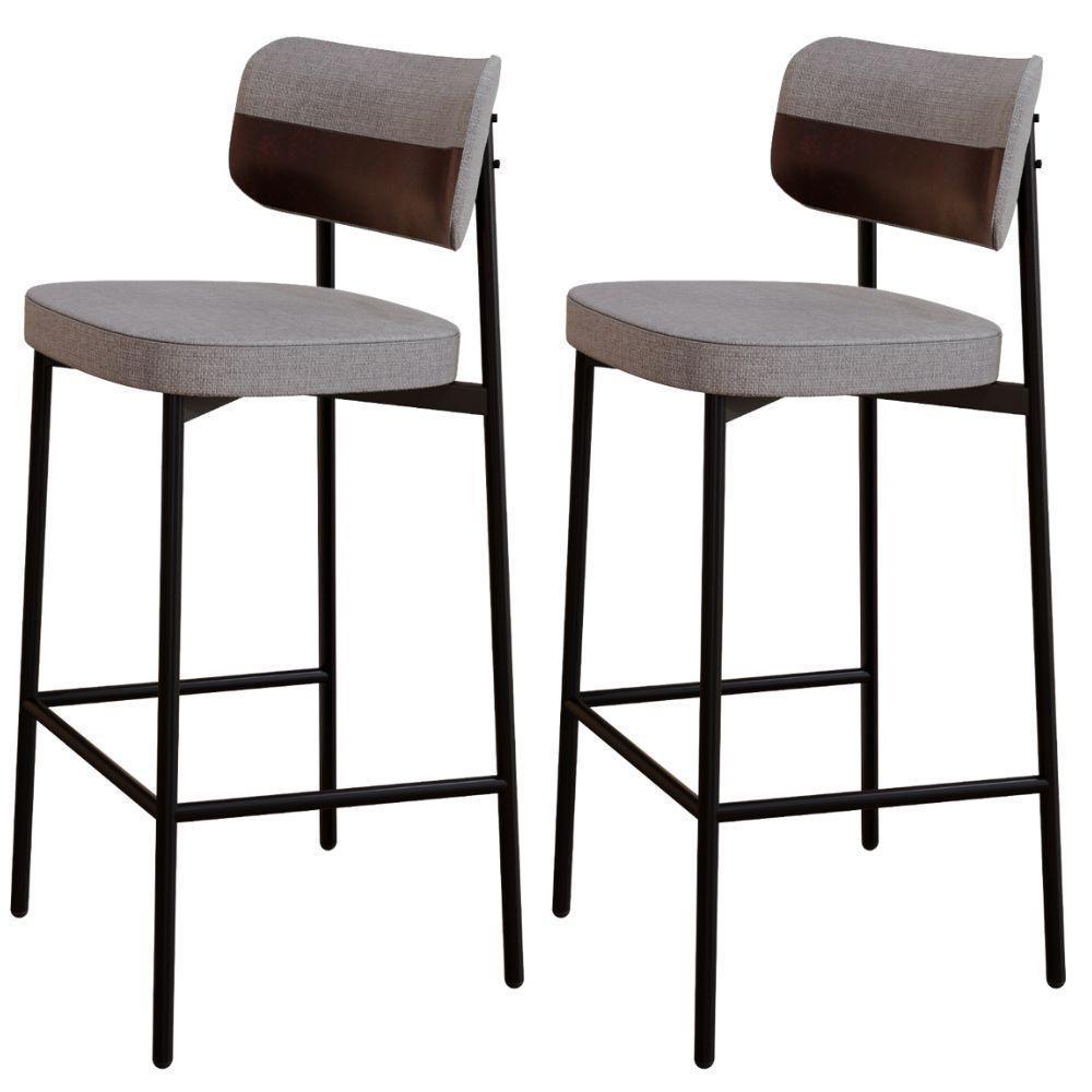 Kit 02 Banquetas Alta Bar Cozinha Sala De Jantar Aço Preto Kaira C01 Linho Cinza Courino Café - Lyam Decor - 1
