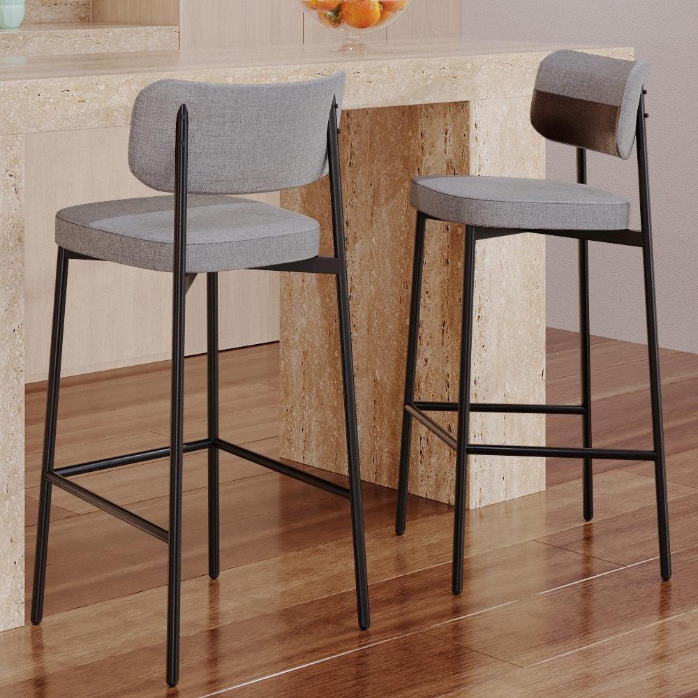 Kit 02 Banquetas Alta Bar Cozinha Sala De Jantar Aço Preto Kaira C01 Linho Cinza Courino Café - Lyam Decor - 6