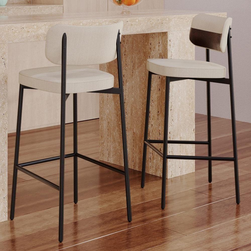 Kit 02 Banquetas Alta Bar Cozinha Sala De Jantar Aço Preto Kaira C01 Linho Areia Courino Café - Lyam Decor - 6