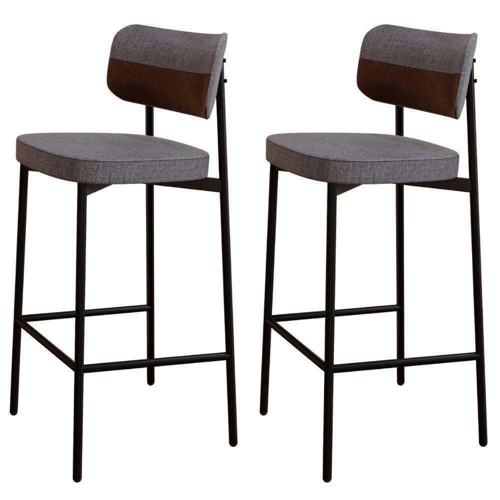 Kit 02 Banquetas Alta Bar Cozinha Sala De Jantar Aço Preto Kaira C01 Linho Cinza Courino Whisky - Lyam Decor - 1