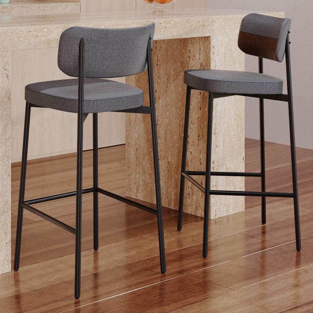 Kit 02 Banquetas Alta Bar Cozinha Sala De Jantar Aço Preto Kaira C01 Linho Cinza Courino Whisky - Lyam Decor - 6