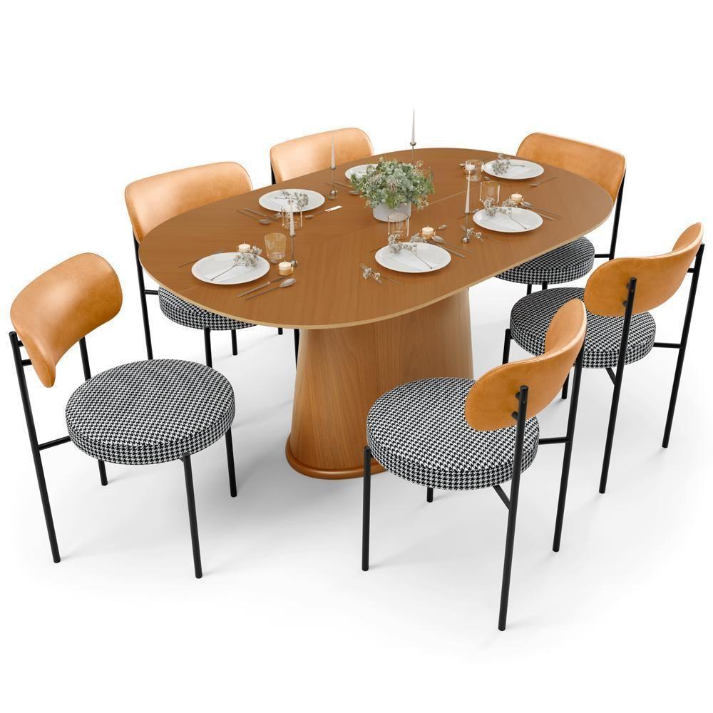 Mesa Para Sala De Jantar Valência Com 06 Cadeiras Sala De Jantar Louise L02 Couríssimo Whisky Pied Poule - Lyam Decor - 1